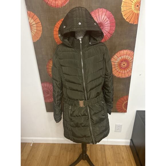 Army Green Belted Hooded Puffer Coat Longline Outdoor Adventure Snow Hike Sz M-L - Picture 1 of 9